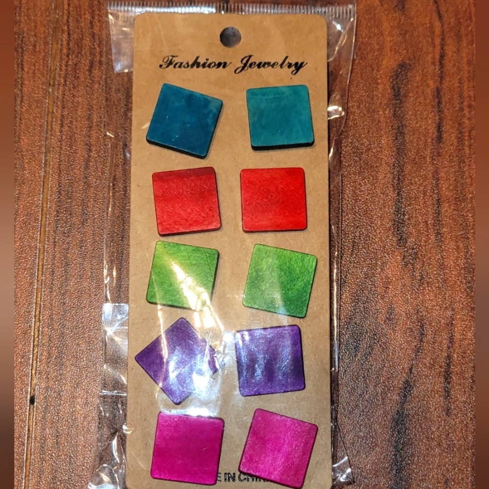 Multicolor square wooden earrings